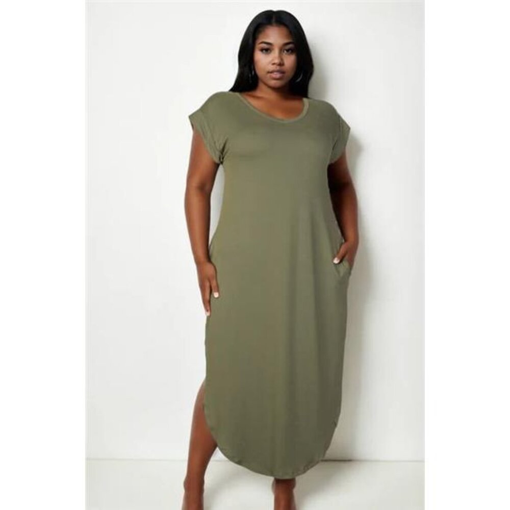 Plus Size Hidden Pocket Batwing Sleeve V Neck Long Dress